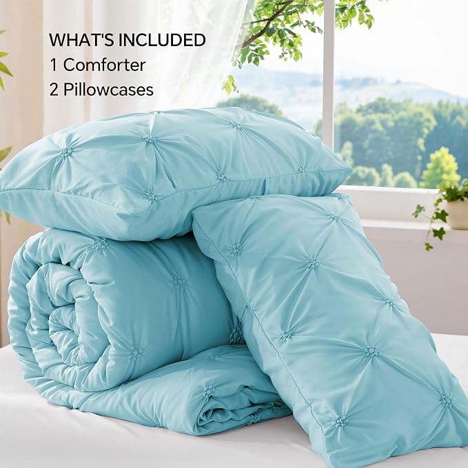 BEDELITE Queen Comforter Set Macaron Blue,Lightweight & Soft Comforter | Pintuck Boho Bedding, Warm & Cute Bed Set for All Season,With 2 Pillowcases