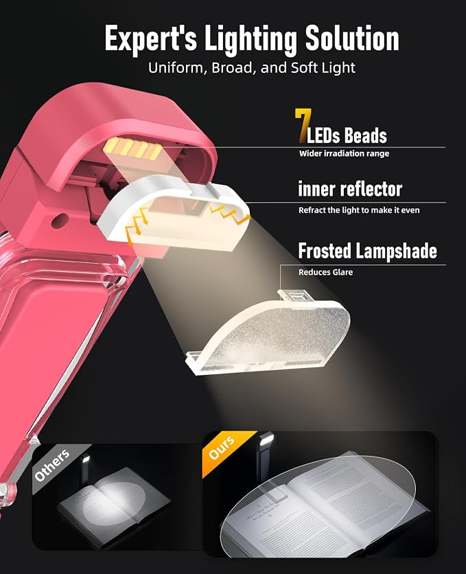 HIONXMGA 2-Pack,Rechargeable Book Lights for Reading in Bed,Pink+Purple | 3 Amber Colors,Stepless Dimming,Eye-Caring Mode,Up to 100H Runtime,USB Charging,Women Book Lovers,Christmas,Book Accessories