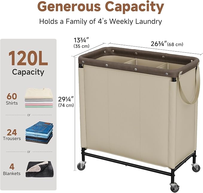 StorageWorks 2 Section Laundry Hamper, 120L Tan Sorter Cart with Wheels | 3 Section Laundry Hamper with Wheels, Tan Sorter Cart, Rolling Organizer for Bedroom, Bathroom, Apartment