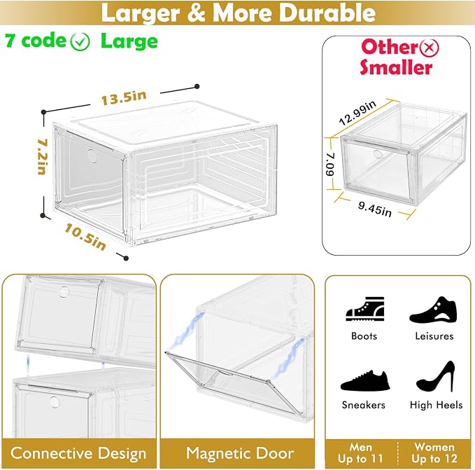 12 Pack Shoe Organizer, Stackable Shoe Storage Boxes with Magnetic Door | Clear Plastic Shoe Boxes for Sneakers, Boots & Heels, Foldable Space-Saving Shoe Rack for Closet, Durable Shoe Cabinet, White