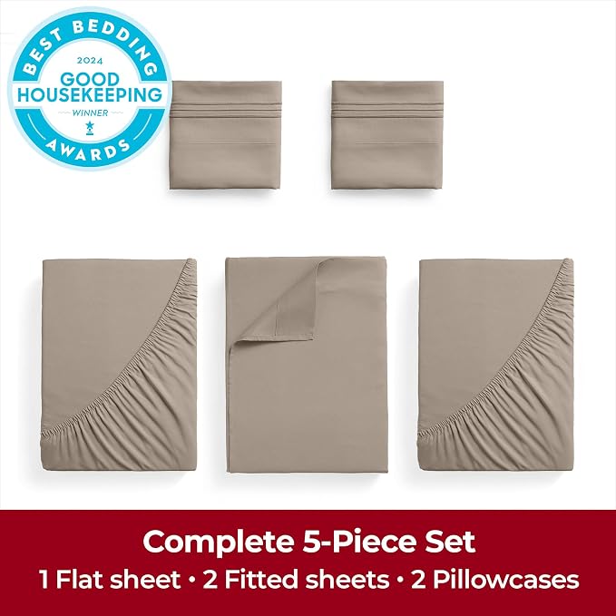 Mellanni Iconic 5-Piece, Ultra Soft Sheet Set (Split King, Tan) | 10M+ Sleepers. Lab-tested: Sleeps Cool, Stays Bright, Strong, Smooth. Good Housekeeping Best Bedding, 7 yrs running.