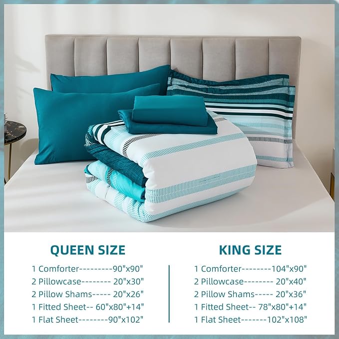 Dobuyly Teal King Size Comforter Set 7 Pieces, Blue Boho Striped Bed in a Bag Soft Microfiber All Season Bedding Set with Comforter, Sheets, Pillowcases & Shams