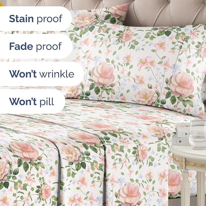 Full 4 Piece Floral Sheet Set - Soft, Breathable & Cooling - Secret Garden | 1 Flat, 1 Fitted & 2 Pillowcases w/ Deep Pockets, Boho Botanical Floral Bedding, Breathable & Cooling, Wrinkle & Fade Free