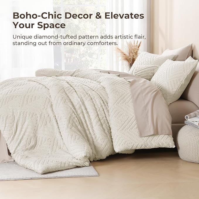 Litanika Oversized King Comforter Set, 3 Pcs Beige Tufted Boho Bedding Set | Farmhouse Shabby Chic Vintage Bohemian Textured Aesthetic Soft Fluffy Lightweight Breathable All Season Bed Set