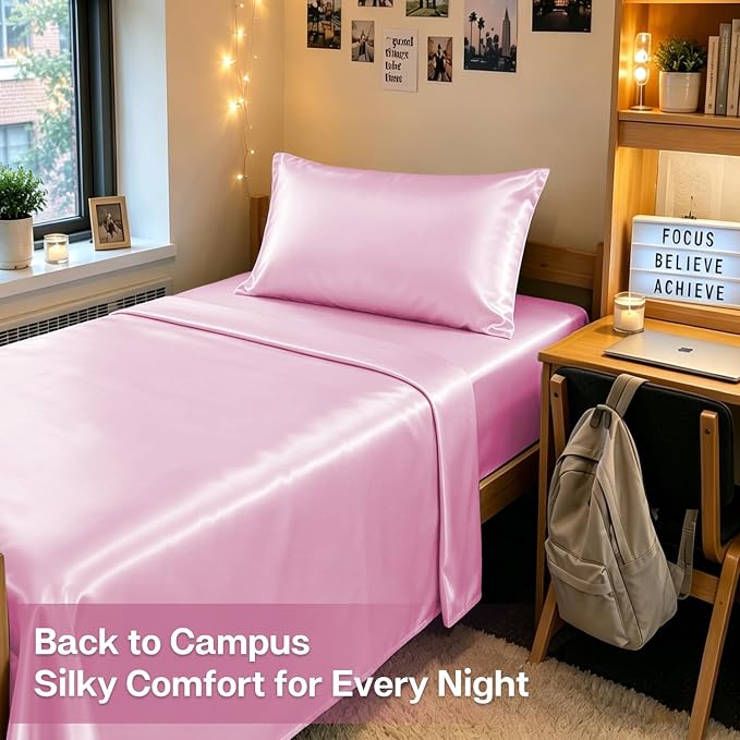 MR&HM Satin Sheets Twin Size with Elastic Corner Straps, Pink | Similar to Silk, 3-Piece Silky Soft Bed Sheet Set, Gentle on Skin and Hair, 15" Deep Pocket, Cooling & Breathable