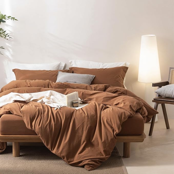 BDEAR 3Pcs Dark Orange Duvet Cover Super Queen Size 98" L x 90" W | 100% Washed Cotton, 1 Duvet Cover with 2 Pillowcases, Zipper Closure, OEKO TEX Standard,8 Corner Ties,Linen-Liked Texture