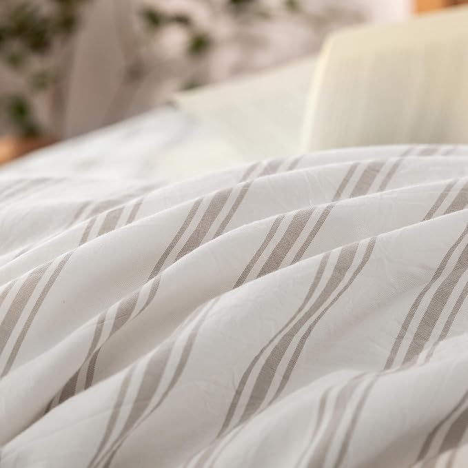 BESTOUCH Striped Cotton Duvet Cover Set Linen Feel Alaska King | 100% Washed Cotton, Soft Wrinkle Texture, Hidden Zipper, 8 Ties, Breathable Lightweight Durable Comfy, 3 Pcs No Insert