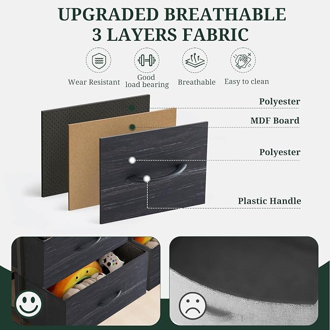 9-Drawer Dresser for Bedroom, Anti-Tip Tall Storage Organizer | Chest of Drawers with Wooden Top and Metal Frame Fabric Bins for Closet, Living Room, Hallway, Entryway, Charcoal Black