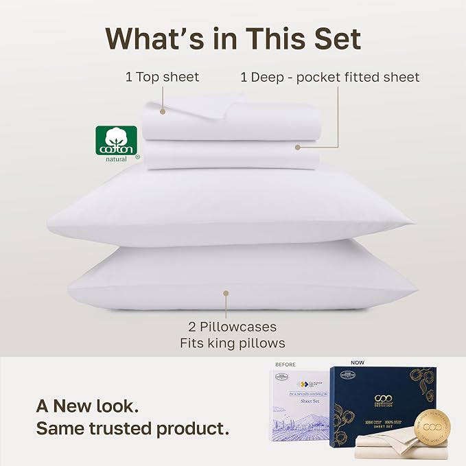 California Design Den Luxury 1000 Thread Count King Size Sheets Set | Backed by Good Housekeeping Seal - 100% Cotton Sateen - Soft, Thick & Heavy, 16" Deep Pocket, Durable - Bright White