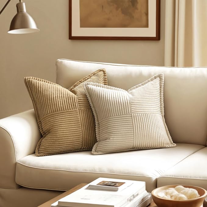 MIULEE Decorative Lumbar Throw Pillow Covers 14x24 Inch Beige 2 Pack | Boho Broadside Striped Patchwork Pillow Covers, Soft Corduroy Cushion Cases, For Couch Sofa Bed Livingroom Home Decor
