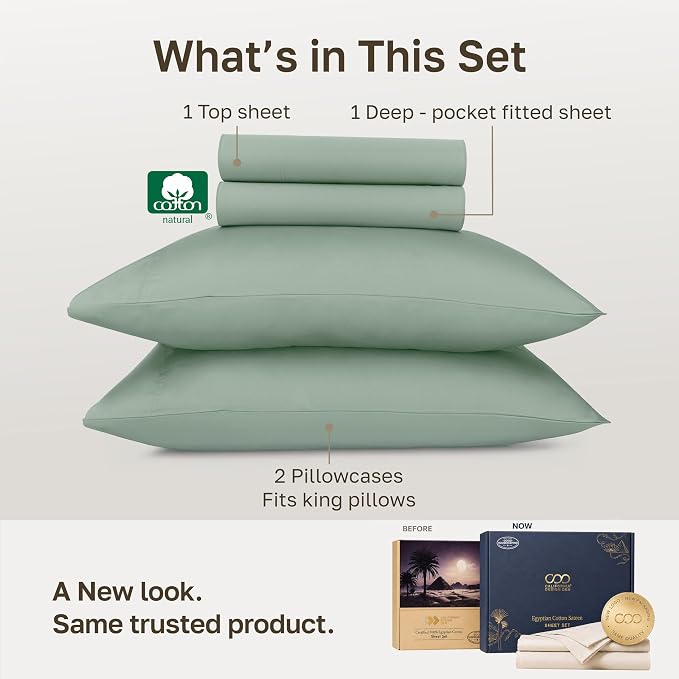 California Design Den 100% Egyptian Cotton Cal King Sheets Set, Mint Green | Backed by Good Housekeeping Seal, Light & Airy Soft Sateen, 16" Deep Pocket, All-Around Elastic, Durable, Easy Care 4pc Set