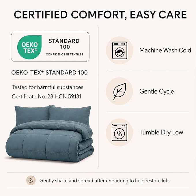King Size Comforter Set Mineral Blue - 7 Pieces Bed in a Bag | OEKO-TEX Certified, All-Season, Bedroom, Guest Room, Down-Alternative Comforter + Flat & Fitted Sheets + 4 Pillowcases