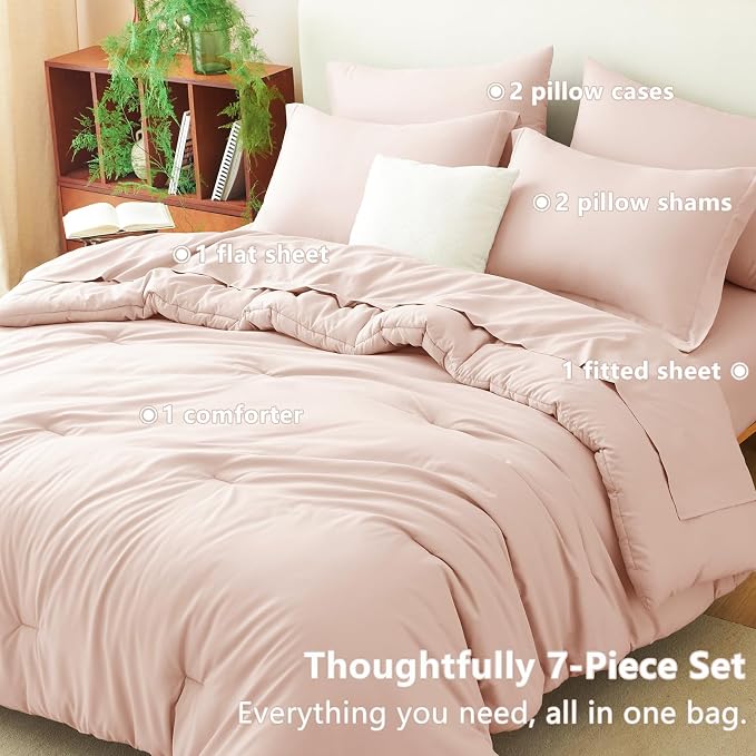 Oversized King Comforter Set Blush Pink, 7 Pieces Bed in a Bag | OEKO-TEX Certified, All-Season, Bedroom, 240GSM Down Alternative Comforter, Flat & Fitted Sheets, 2 Pillowcases & 2 Shams