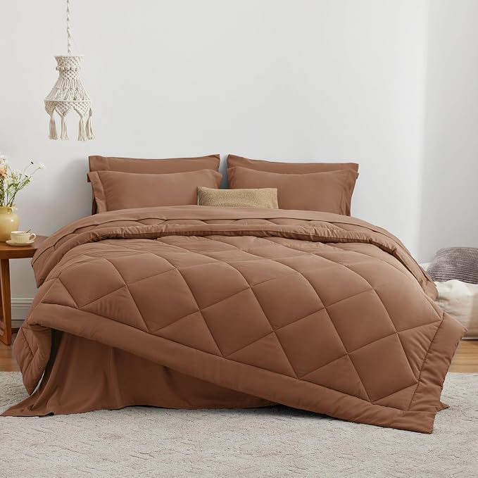Love's cabin Twin Comforter Set Mocha Mousse, 5 Pieces Twin Bed in a Bag, All Season Bedding Sets with 1 Comforter, 1 Flat Sheet, 1 Fitted Sheet, 1 Pillowcase and 1 Pillow Sham