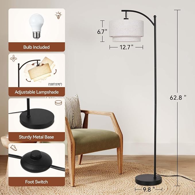 SUNMORY Floor Lamps for Living Room with 12W LED Bulb, Arc Lamp with 3 CCT | Modern Floor Lamps with Adjustable Double Fabric Shades, Industrial Arched Lamp, Tall Standing Lamp for Bedroom, Corner