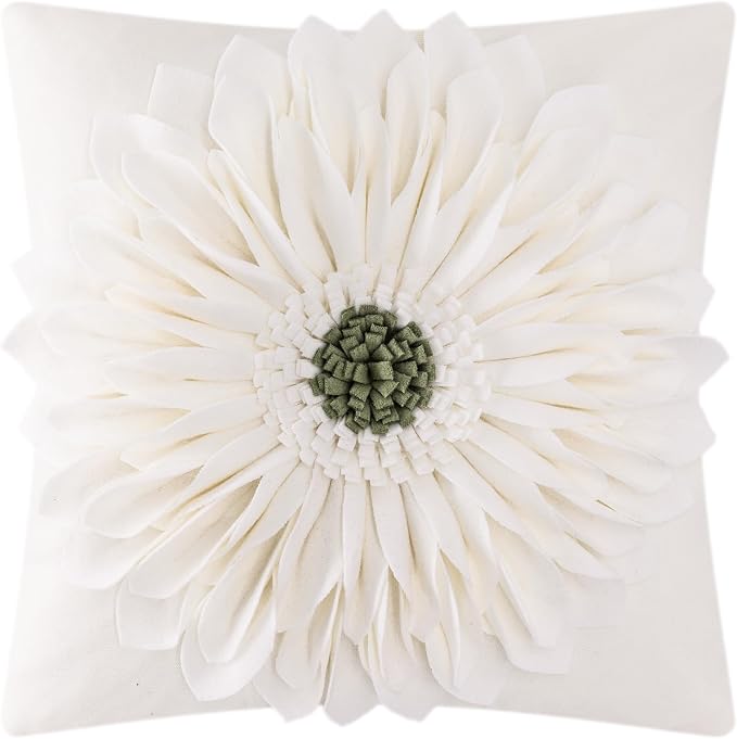 OiseauVoler Decorative 3D Flower Throw Pillow Covers for Couch 18x18 Inch | Ivory White Aesthetic Sunflower Pattern Handmade Pillowcases Boho Farmhouse Bed Decor Vintage Floral Easy Care