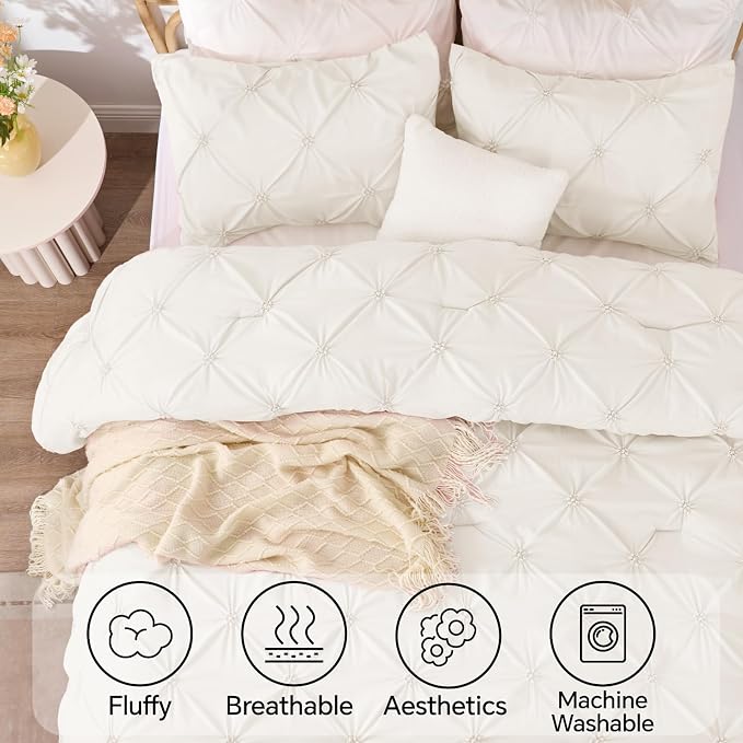 BEDELITE Queen Comforter Set Cream White,Lightweight & Soft Comforter | Pintuck Boho Bedding, Warm & Cute Bed Set for All Season,With 2 Pillowcases