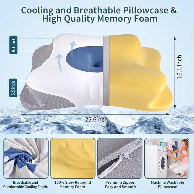 Cervical Neck Pillow for Pain Relief - Ergonomic Side Sleeper Pillow for Sleeping, Cooling Memory Foam Pillows for Neck Support, Orthopedic Pillow Contour Bed Pillow for Back Sleepers (Blue&White)