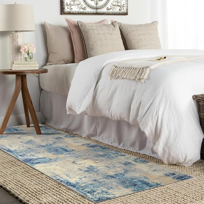 Lahome Modern Abstract Rug Runners for Hallways Non Slip, 2x7 Carpet Runner Rug for Kitchen Non Skid Washable, Soft Floor Mat for Bathroom Bedside Entrance RV, Blue/Yellow/Ivory