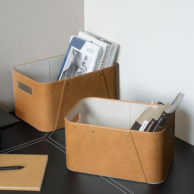 LA JOLIE MUSE Faux Leather Storage Baskets for Organizing, Camel 2 Pack | Sturdy Decorative Storage Bins for Closet, Shelf, Office Cabinets, Organizer Baskets for Toys, Books and Home Essentials