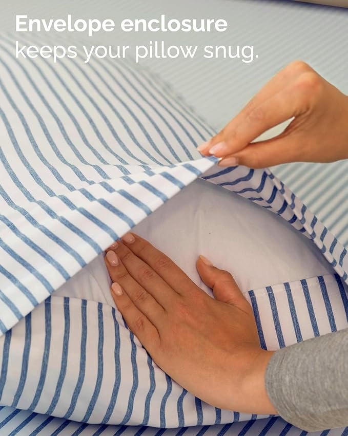 Twin XL 3 Piece Sheet Set - College Dorm Room Essentials - Blue Stripes | Deep Pocket Bed Sheets for Women, Men, Teens & Students, Soft, Cooling, Breathable & Wrinkle Free, Oeko-Tex Bed Sheet Set