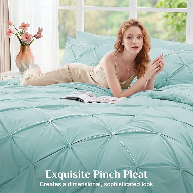 JOLLYVOGUE King Size Comforter Set 7 Pieces - Bed in a Bag King for All Season, Pintuck Bedding Comforter Sets with Comforter, Flat Sheet, Fitted Sheet and Pillowcases & Shams, Lake Blue