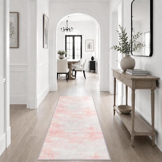 2x5 Washable Runner Rug：Modern Abstract Soft Carpet Pink White | For Hallway, Bedroom, Kitchen, Laundry, Bathroom,Door Mat,Modern Abstract,Machine washable,Non-Slip,Stain Resistant,Indoor
