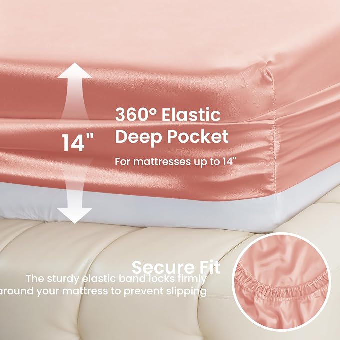 Love's cabin Satin Queen Sheets Set - 4 Piece Coral Silky Bed Sheets with Deep Pocket, Luxury Silk Feel Satin Queen Size Sheet Set (1 Flat Sheet,1 Fitted Sheet,2 Pillow Cases)