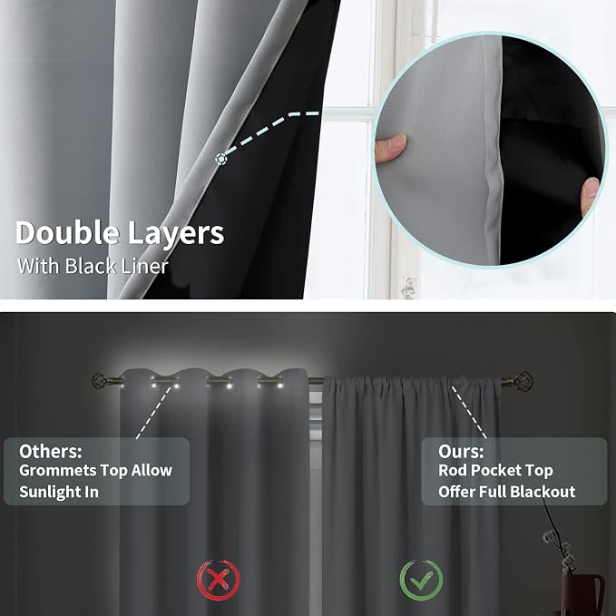 BGment Light Grey 100% Blackout Curtains for Bedroom 72 Inch Length | Thermal Insulated Soundproof, Light Blocking Dark, Black Out Curtains for Living Room, 2 Panels, 52 x 72 Inch
