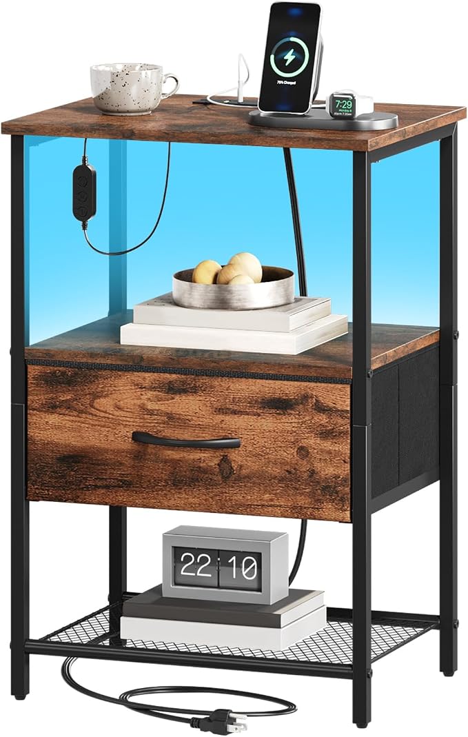 Somdot Nightstand with Charging Station & LED Light, Bedroom Bedside Table | Dorm, Guest Room, Kids Room, Laundry, Closet, Entryway and Hallway, Brown