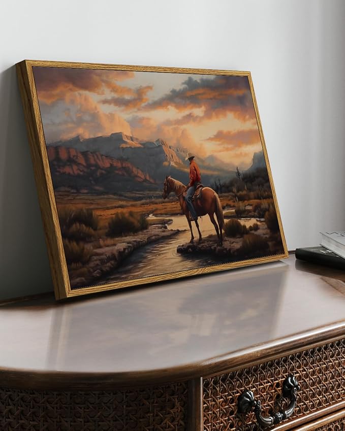 Western Cowboy Framed Canvas Wall Art 12x16 Inch, Horse Rider at Sunset Print Rustic Mountain Landscape Painting, American West Country Home Office Bedroom Wall Decor