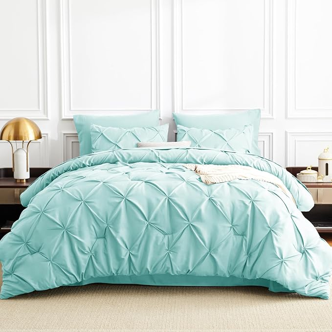 King Size Comforter Set Spa Blue, 7 Pieces Pintuck Bed in a Bag | OEKO-TEX 100 Certified, 240GSM All Season, Bedroom, Guest Room, Down-Alternative Comforter, Sheets, Pillowcases & Shams