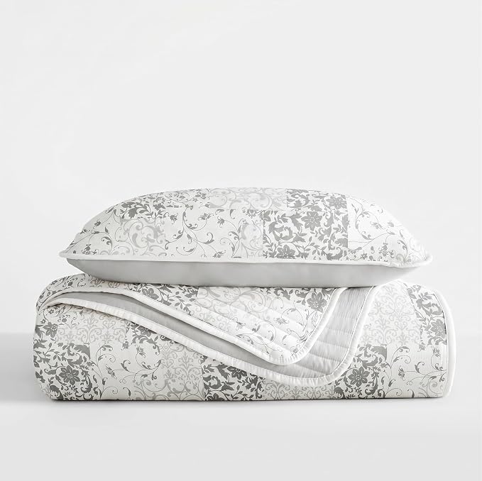 Merit Linens Soft Quilt Coverlet Bedding Set - Pattern/Solid Reversible - Twin/TwinXL Light Gray