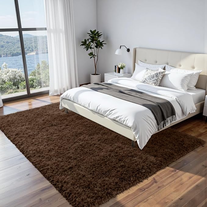 8x10 Fluffy Shag Area Rugs for Living Room Bedroom: Soft Plush Carpet Brown | Upgraded Non-Slip Thick Memory Foam, Ultra Soft, Non-Shedding Fuzzy Carpet, Easy Clean Decor for Kids Room, Nursery, Playroom