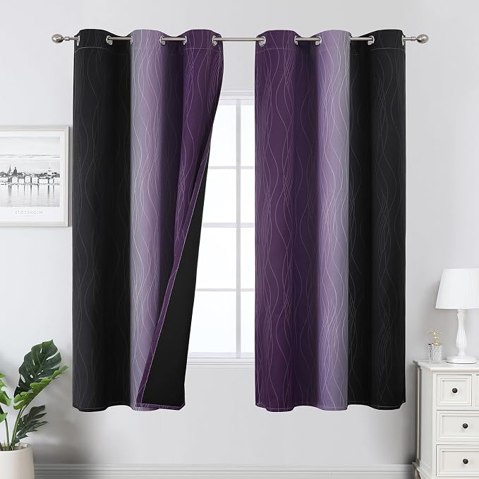 Black and Purple Ombre Blackout Curtains 63 Inch Length | Room Darkening Curtains for Bedroom, Thermal Insulated,Light Blocking,Grommet Window Drapes for Living Room,42Wx63L,2 Panels