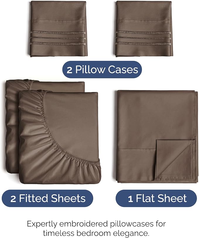 Split King Size 5 Piece Sheet Set - Breathable & Cooling Sheets - Brown | Hotel Luxury Bed Sheets for Women & Men, Deep Pockets, Easy-Fit, Comfy, Soft and Wrinkle Free Sheets, Oeko-Tex Bed Sheet Set