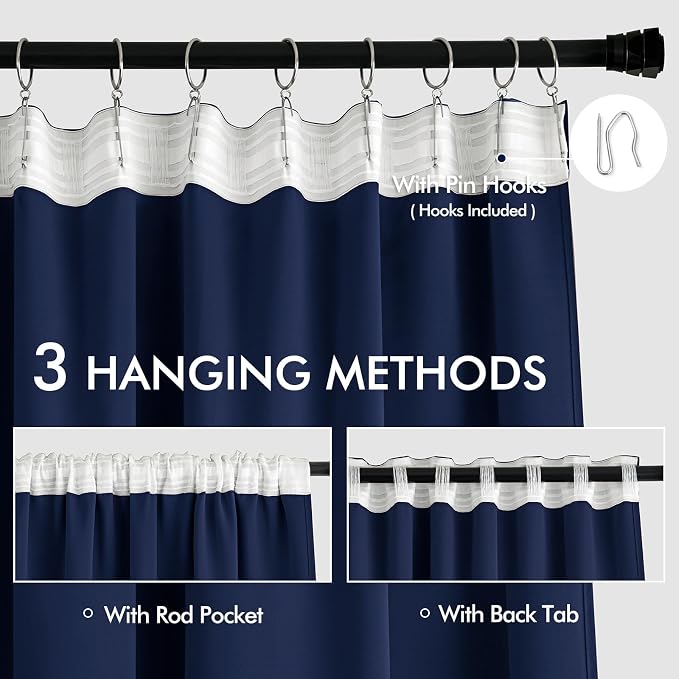 MIULEE Navy Blue Back Tab Blackout Curtains 52x102 Inch Long 2 Panels Set | Rod Pocket Pinch Pleated, Thermal Insulated, Bedroom Living Room Darkening Drapes, Light Blocking Floor to Ceiling Curtains