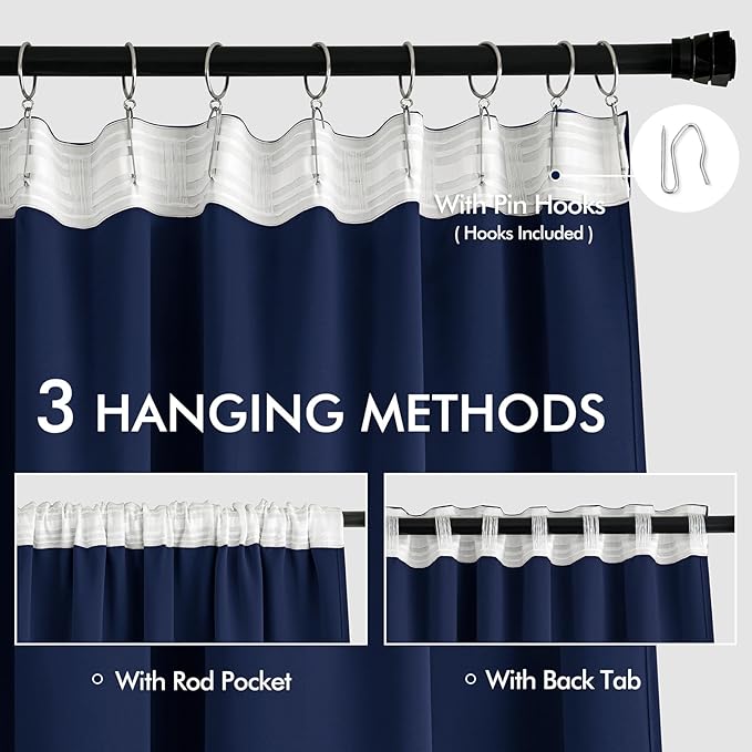 MIULEE Navy Blue Back Tab Blackout Curtains 52x96 Inch Long 2 Panels Set | Rod Pocket Pinch Pleated, Thermal Insulated, Bedroom Living Room Darkening Drapes, Light Blocking Floor to Ceiling Curtains
