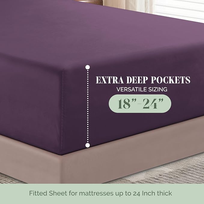 Elegant Comfort Luxurious 1500 Premium Hotel Quality Microfiber 4-Piece Sheet Set, 18-24 Inches Deep - Extra Deep Pocket Sheets - Ultra Soft 4PC Deep Pocket Sheets, Twin/Twin XL, Eggplant-Purple
