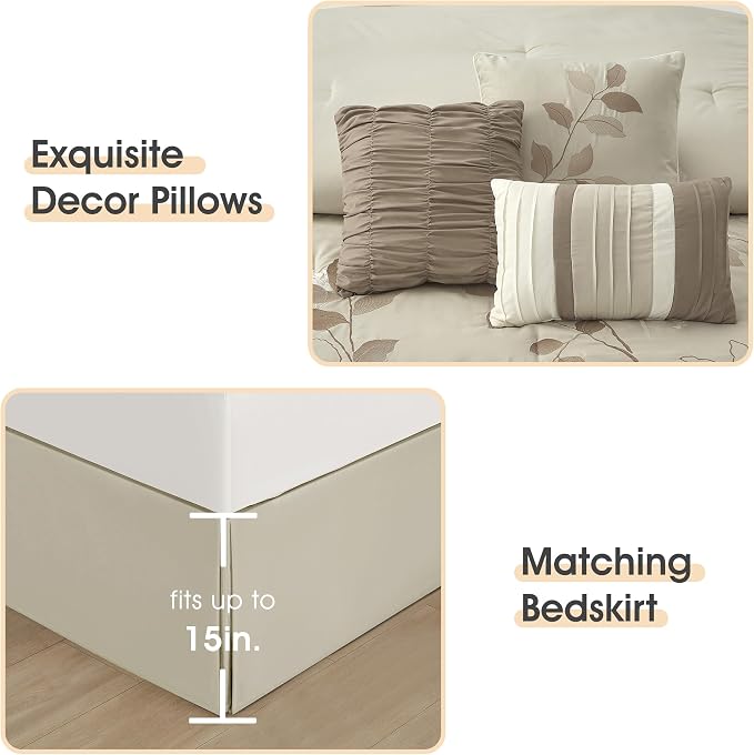 Beige King Comforter Set, 7 Pieces Bed in a Bag, Elegant Floral Leaves Embroidery, Soft and Lightweight All Seasons Bedding Set, Bedskirt, Pillow Shams, Decor Pillows
