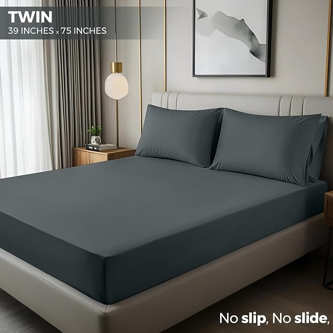 Twin Fitted Sheet, Ultra Soft Fits Up to 16 Inch Deep Pocket, Grey | Hotel Comfort, Cooling & Breathable Cotton like Polyester, Easy Fit, Wrinkle & Fade Resistant, Snug Fit, Easy Care, Oeko-Tex