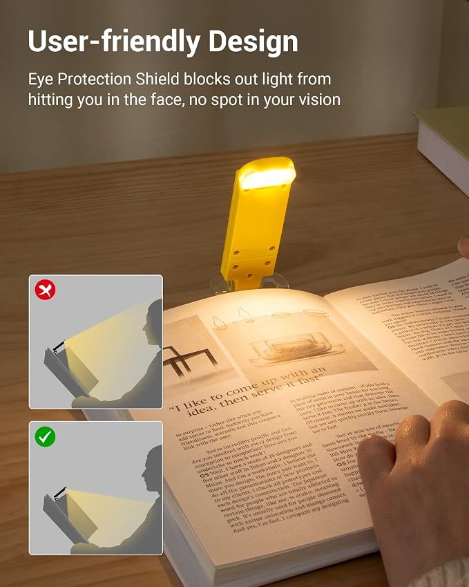 DEWENWILS Rechargeable Book Light for Reading in Bed, Warm White, Brightness Adjustable for Eye Care, LED Clip on Book Lights for Kids, Portable Bookmark Light, Yellow | 315° Flexible Holder Bends, 2 Brightness Levels, Warm White, Portable Bookmark Lig...