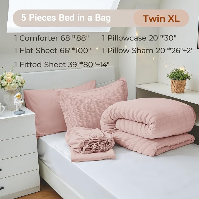 5 Pieces Twin XL Comforter Set, Seersucker Bed in a Bag Twin XL Size, All Season Luxury Bedding Set with Comforter, Flat Sheet, Fitted Sheet, Pillowcase & Sham, Rose Gold