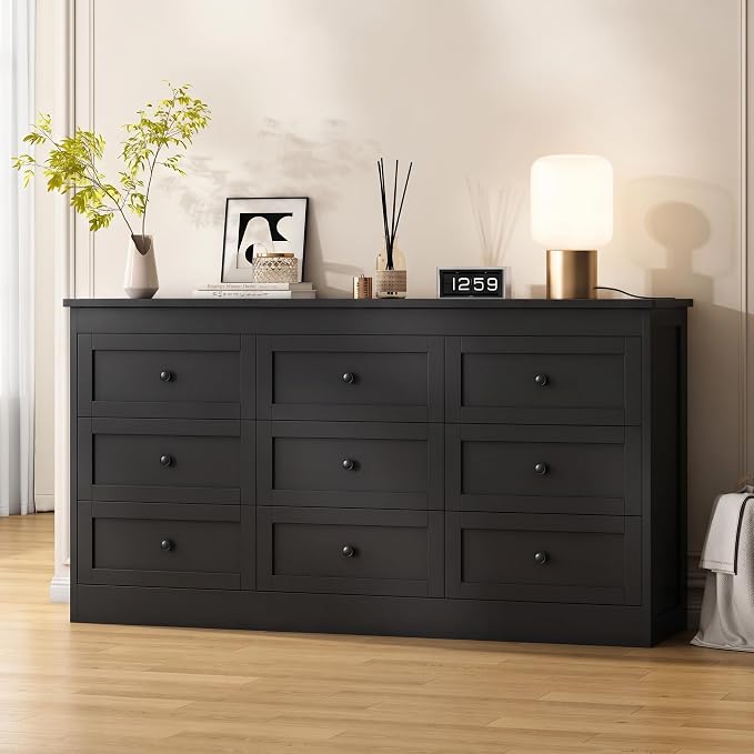 wanan Black 9 Drawer Dresser for Bedroom, Modern 59'' Wide Wood Chest of Drawers, Dresser TV Stand, Storage Organizer with Metal Handles for Living Room, Hallway, Entryway