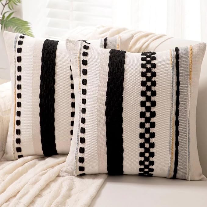 Boho Throw Pillow Covers Decorative Neutral Farmhouse Pillow case | 18x18 Set of 2 Cushion Case Striped Square Pillows Cover Couch Pillow Cases Accent Pillowcase for Sofa Bed,Black
