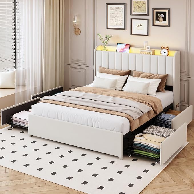 Full Bed Frame with 4 Drawers and Storage Headboard, Upholstered Platform Bed Frame Full Size with Led Lights and Handy Charging Station, No Box Spring Needed, Easy Assembly, Noise Free, Beige