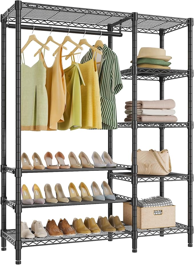 VIPEK V7S Portable Closet for Hanging Clothes Heavy Duty Rack with Shelves | 7 Tiers Adjustable Wire Shelving, Load 720lbs Metal Sturdy Hanging Rods, Space-Saving Storage for Walk-in Closet, Black