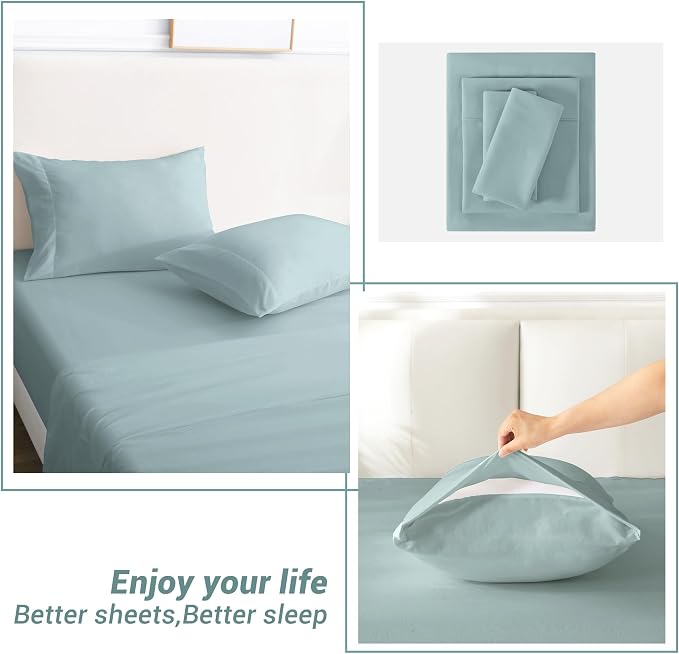 Softan Microfiber Queen Sheet Set with Non-Slip Corner Straps, Dusty Blue | 15" Deep Pocket Fitted Bed Sheets, Double Brushed Microfiber, Cozy Sheets & Pillowcase for All Season