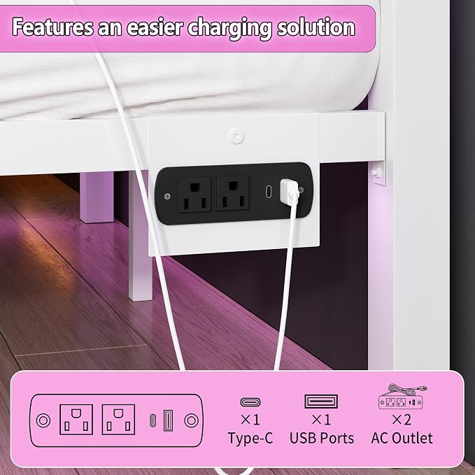 CLIBFENG Queen Size Bed Frame with Headboard and Footboard,Steel Slats Support-LED Bed Frame with USB Charging Station,Mattress Foundation-Under Bed Storage,No Box Spring Needed,Noise Free,White
