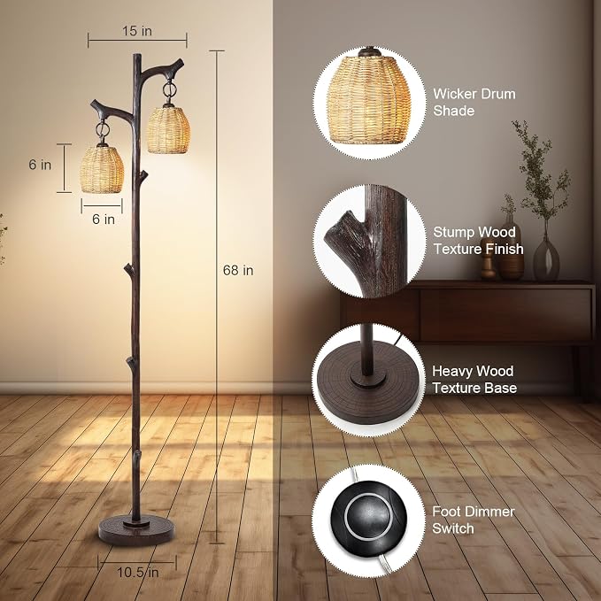 Scenekoy 68" Tall Floor Lamp with Wicker Drum Shade, Foot Switch Dimming | Tree Trunk Dark Finish, Resin Lamp Body, Farmhouse Rustic Standing Lamp with Bulb, Decor for Living Room Bedroom Reading Room